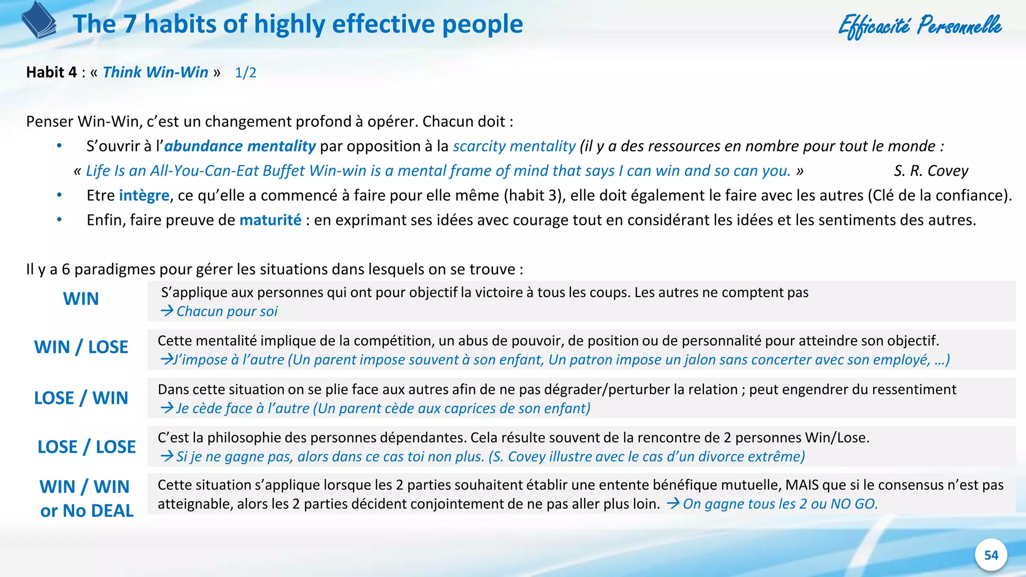 Efficacité Personnelle
54
The 7 habits of highly effective people
Habit 4 : « Think Win-Win » 1/2
Penser Win-Win, c’est un changement profond à opérer. Chacun doit :
• S’ouvrir à l’abundance mentality par opposition à la scarcity mentality (il y a des ressources en nombre pour tout le monde :
« Life Is an All-You-Can-Eat Buffet Win-win is a mental frame of mind that says I can win and so can you. » S. R. Covey
• Etre intègre, ce qu’elle a commencé à faire pour elle même (habit 3), elle doit également le faire avec les autres (Clé de la confiance).
• Enfin, faire preuve de maturité : en exprimant ses idées avec courage tout en considérant les idées et les sentiments des autres.
Il y a 6 paradigmes pour gérer les situations dans lesquels on se trouve :
S’applique aux personnes qui ont pour objectif la victoire à tous les coups. Les autres ne comptent pas
 Chacun pour soi
Cette mentalité implique de la compétition, un abus de pouvoir, de position ou de personnalité pour atteindre son objectif.
J’impose à l’autre (Un parent impose souvent à son enfant, Un patron impose un jalon sans concerter avec son employé, …)
Dans cette situation on se plie face aux autres afin de ne pas dégrader/perturber la relation ; peut engendrer du ressentiment
 Je cède face à l’autre (Un parent cède aux caprices de son enfant)
C’est la philosophie des personnes dépendantes. Cela résulte souvent de la rencontre de 2 personnes Win/Lose.
 Si je ne gagne pas, alors dans ce cas toi non plus. (S. Covey illustre avec le cas d’un divorce extrême)
Cette situation s’applique lorsque les 2 parties souhaitent établir une entente bénéfique mutuelle, MAIS que si le consensus n’est pas
atteignable, alors les 2 parties décident conjointement de ne pas aller plus loin.  On gagne tous les 2 ou NO GO.
WIN
WIN / LOSE
LOSE / WIN
LOSE / LOSE
WIN / WIN
or No DEAL
 