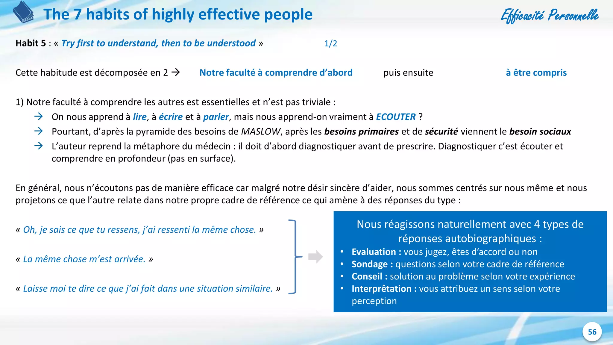 Efficacité Personnelle
56
The 7 habits of highly effective people
Habit 5 : « Try first to understand, then to be understood » 1/2
Cette habitude est décomposée en 2  Notre faculté à comprendre d’abord puis ensuite à être compris
1) Notre faculté à comprendre les autres est essentielles et n’est pas triviale :
 On nous apprend à lire, à écrire et à parler, mais nous apprend-on vraiment à ECOUTER ?
 Pourtant, d’après la pyramide des besoins de MASLOW, après les besoins primaires et de sécurité viennent le besoin sociaux
 L’auteur reprend la métaphore du médecin : il doit d’abord diagnostiquer avant de prescrire. Diagnostiquer c’est écouter et
comprendre en profondeur (pas en surface).
En général, nous n’écoutons pas de manière efficace car malgré notre désir sincère d’aider, nous sommes centrés sur nous même et nous
projetons ce que l’autre relate dans notre propre cadre de référence ce qui amène à des réponses du type :
« Oh, je sais ce que tu ressens, j’ai ressenti la même chose. »
« La même chose m’est arrivée. »
« Laisse moi te dire ce que j’ai fait dans une situation similaire. »
Nous réagissons naturellement avec 4 types de
réponses autobiographiques :
• Evaluation : vous jugez, êtes d’accord ou non
• Sondage : questions selon votre cadre de référence
• Conseil : solution au problème selon votre expérience
• Interprêtation : vous attribuez un sens selon votre
perception
 