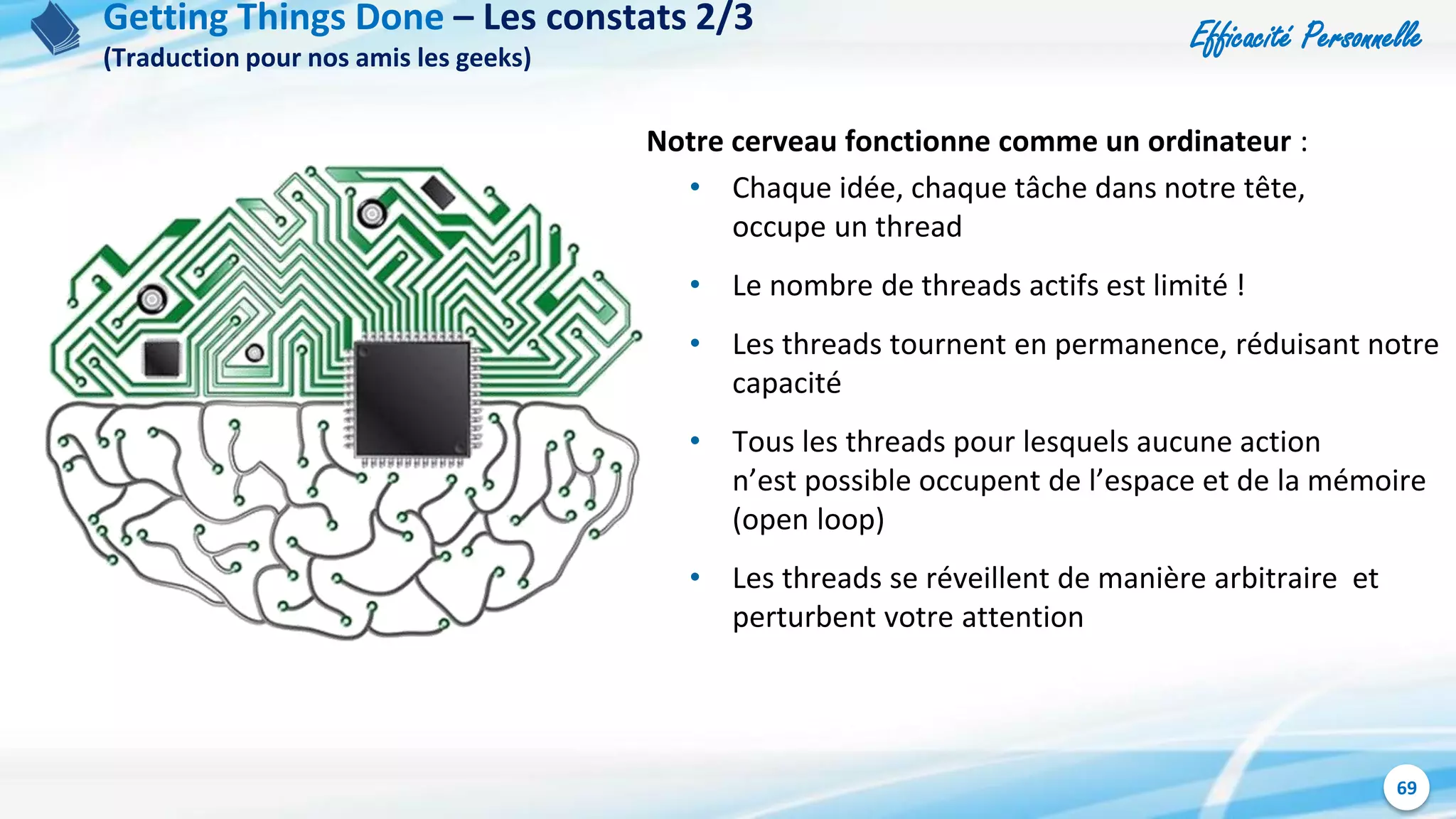 Efficacité Personnelle
69
Getting Things Done – Les constats 2/3
(Traduction pour nos amis les geeks)
Notre cerveau fonctionne comme un ordinateur :
• Chaque idée, chaque tâche dans notre tête,
occupe un thread
• Le nombre de threads actifs est limité !
• Les threads tournent en permanence, réduisant notre
capacité
• Tous les threads pour lesquels aucune action
n’est possible occupent de l’espace et de la mémoire
(open loop)
• Les threads se réveillent de manière arbitraire et
perturbent votre attention
 