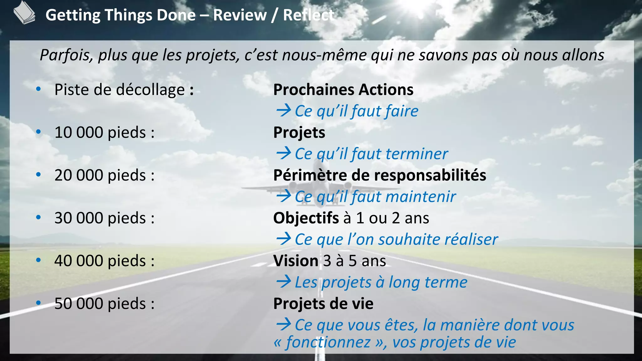 Efficacité Personnelle
93
Parfois, plus que les projets, c’est nous-même qui ne savons pas où nous allons
• Piste de décollage : Prochaines Actions
 Ce qu’il faut faire
• 10 000 pieds : Projets
 Ce qu’il faut terminer
• 20 000 pieds : Périmètre de responsabilités
 Ce qu’il faut maintenir
• 30 000 pieds : Objectifs à 1 ou 2 ans
 Ce que l’on souhaite réaliser
• 40 000 pieds : Vision 3 à 5 ans
 Les projets à long terme
• 50 000 pieds : Projets de vie
 Ce que vous êtes, la manière dont vous
« fonctionnez », vos projets de vie
Getting Things Done – Review / Reflect
 