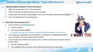 Efficacité Personnelle
10
Comment devenir plus efficace ? Quel effort fournir ?
1. Comment devenir efficace ? Par où commencer
A. Déjà s’en préoccuper est le 1er/un grand pas
B. Il faut la travailler en permanence et dans la durée
C. Ne pas avoir peur de faire des erreurs : une erreur ne signifie pas forcément l’échec
D. Tout le monde devrait s’en préoccuper
2. Quel effort vais-je devoir faire ?
A. C’est un levier que VOUS actionnez :
a) A votre rythme
b) Avec des objectifs SMART :
Simple/Spécifique, Mesurable, Ambitieux/Adapté/Atteignable, Réaliste, en Temps limité
B. De nombreuses méthodes et livres existent : je donnerai un feedback de l’effort
pour ceux que j’ai lu et/ou que je recommande
C. Les formules et les efforts sont variés, mais un effort constant dans la durée produit
(en principe):
A. Plus de résultats visible,
B. Une stabilité et du recul pour mieux affronter/anticiper les coups durs.
 