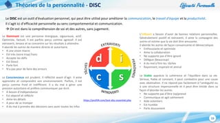 Efficacité Personnelle
15
Théories de la personnalité - DISC
Le DISC est un outil d'évaluation personnel, qui peut être utilisé pour améliorer la communication, le travail d’équipe et la productivité.
Il s’agit ici d’efficacité personnelle au sens comportemental et communication.
 On est dans la compréhension de soi et des autres, sans jugement.
Le Dominant est une personne énergique, vigoureuse, actif.
Optimiste, factuel, il est parfois perçu comme agressif. Il est
extraverti, tenace et se concentre sur les résultats à atteindre.
Il aborde les autres de manière directe et autoritaire.
• A une vision macro
• Est très (voire trop) franc
• Accepte les défis
• Est Direct
• Parle fort
• N’a pas peur de faire des erreurs
L’Influent a besoin d’avoir de bonnes relations personnelles.
Généralement positif et extraverti, il aime la compagnie des
autres et estime que la vie doit être amusante.
Il aborde les autres de façon convaincante et démocratique.
• Enthousiaste et optimiste
• Aime la collaboration
• Ne supporte pas d’être ignoré
• Délègue (beaucoup)
• A du mal à finir les tâches
• Rayonnant, inspirant et amical
Le Stable apprécie la cohérence et l’équilibre dans sa vie.
Sérieux, fiable et constant, il peut combattre pour une cause
avec obstination. Il ne répond pas facilement à l’ambiguïté ou
à une structure impersonnelle et il peut être timide dans sa
façon d’aborder les autres.
• Ne supporte pas d’être (op)pressé
• Communique et agit calmement
• Aide volontiers
• Est humble
• Parle doucement
Le Consciencieux est prudent. Il réfléchit avant d’agir. Il aime
apprendre et comprendre son environnement. Parfois, il est
perçu comme froid et indifférent. Il a du mal à gérer une
pression autoritaire et préfère communiquer par écrit.
• A besoin d’indépendance
• Est objectif et réfléchi
• Aime les détails
• A peur de se tromper
• A du mal à prendre des décisions sans avoir toutes les infos
https://profil4.com/test-disc-essentiel.php
 