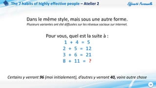 Efficacité Personnelle
39
The 7 habits of highly effective people – Atelier 2
Dans le même style, mais sous une autre forme.
Plusieurs variantes ont été diffusées sur les réseaux sociaux sur Internet.
Pour vous, quel est la suite à :
1 + 4 = 5
2 + 5 = 12
3 + 6 = 21
8 + 11 = ?
Certains y verront 96 (moi initialement), d’autres y verront 40, voire autre chose
 