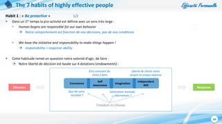 Efficacité Personnelle
44
The 7 habits of highly effective people
Habit 1 : « Be proactive » 1/2
 Dans un 1er temps la pro-activité est définie avec un sens très large :
• Human begins are responsible for our own behavior
 Notre comportement est fonction de nos décisions, pas de nos conditions
• We have the initiative and responsibility to make things happen !
 responsibility = response-ability
 Cette habitude remet en question notre volonté d’agir, de faire :
 Notre liberté de décision est basée sur 4 dotations (endowments) :
Stimulus
Freedom to Choose
Conscience
Self
Awareness
Imagination
Independent
Will
Response
Etre conscient du
choix à faire
Que dit votre
intuition ?
Génération mentale,
alternatives ?
Liberté de choisir votre
propre et unique réponse
 