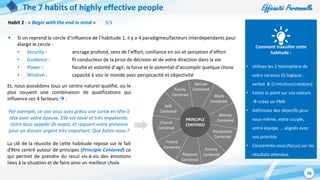 Efficacité Personnelle
48
Spouse
Centered
Work
Centered
Church
Centered
Money
Centered
Self
Centered
Friend
Centered Enemy
Centered
Possession
Centered
Pleasure
Centered
Family
Centered
The 7 habits of highly effective people
Habit 2 : « Begin with the end in mind » 3/3
 Si on reprend le cercle d’influence de l’habitude 1, il y a 4 paradigmes/facteurs interdépendants pour
élargir le cercle :
• Security : ancrage profond, sens de l’effort, confiance en soi et sensation d’effort
• Guidance : fil conducteur de la prise de décision et de votre direction dans la vie
• Power : faculté et volonté d’agir, la force et le potentiel d’accomplir quelque chose
• Wisdom : capacité à voir le monde avec perspicacité et objectivité
Comment travailler cette
habitude :
• Utilisez les 2 hémisphère de
votre cerveau (G:logique ,
verbal & D:intuition/création)
• Faites le point sur vos valeurs
 créez un PMS
• Définissez des objectifs pour
vous-même, votre couple,
votre équipe, … alignés avec
vos priorités
• Concentrez-vous (focus) sur les
résultats attendus.
Et, nous possédons tous un centre naturel qualifié, ou le
plus souvent une combinaison de qualifications qui
influence ces 4 facteurs  :
Par exemple, ce soir vous avez prévu une sortie en tête à
tête avec votre épouse. Elle est ravie et très impatiente.
Votre boss appelle 2h avant, et requiert votre présence
pour un dossier urgent très important. Que faites-vous ?
La clé de la réussite de cette habitude repose sur le fait
d’être centré autour de principes (Principle Centered) ce
qui permet de prendre du recul vis-à-vis des émotions
liées à la situation et de faire ainsi un meilleur choix.
PRINCIPLE
CENTERED
 