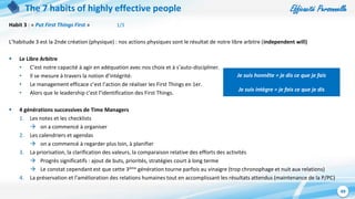 Efficacité Personnelle
49
The 7 habits of highly effective people
Habit 3 : « Put First Things First » 1/3
L’habitude 3 est la 2nde création (physique) : nos actions physiques sont le résultat de notre libre arbitre (independent will)
 Le Libre Arbitre
• C’est notre capacité à agir en adéquation avec nos choix et à s’auto-discipliner.
• Il se mesure à travers la notion d’intégrité.
• Le management efficace c’est l’action de réaliser les First Things en 1er.
• Alors que le leadership c’est l’identification des First Things.
 4 générations successives de Time Managers
1. Les notes et les checklists
 on a commencé à organiser
2. Les calendriers et agendas
 on a commencé à regarder plus loin, à planifier
3. La priorisation, la clarification des valeurs, la comparaison relative des efforts des activités
 Progrès significatifs : ajout de buts, priorités, stratégies court à long terme
 Le constat cependant est que cette 3ème génération tourne parfois au vinaigre (trop chronophage et nuit aux relations)
4. La préservation et l’amélioration des relations humaines tout en accomplissant les résultats attendus (maintenance de la P/PC)
Je suis honnête = je dis ce que je fais
Je suis intègre = je fais ce que je dis
 