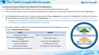 Efficacité Personnelle
53
The 7 habits of highly effective people
En route vers la victoire publique et les habitudes de l’interdépendance :
 Pour être indépendant et être efficace avec les autres nous devons d’abord travailler sur nous.
 C’est ce que nous avons vu avec les 3 premières habitudes et on obtient ainsi nos premières victoires privées et notre indépendance.
 Etre indépendant des autres est le 1er pas pour construire des relations saines avec les autres. Etre indépendant ne suffit pas à construire
de vraies relations, pour cela il faut atteindre l’interdépendance. (Nota : pour l’auteur l’interdépendance ne signifie pas être dépendant des autres !) :
 souvenez vous de l’histoire de la poule aux œufs d’or. Si le fruit d’une relation est un œuf, on doit également faire en sorte d’entretenir
la relation pour construire une relation forte sur le long terme.
 De manière analogue au PBA, dans le cadre des victoires public l’auteur développe un nouveau
compte : Emotionnal Bank Account
DEPOT RETRAIT
Comprendre l’individu Ignorer ou ne pas chercher à comprendre l’autre
Savoir donner (gentillesse, affection, temps)
et recevoir
Ne faire que recevoir
Respecter ses engagements Ne pas tenir ses engagements
Clarifier les attentes Travailler dans son coin
Démontrer son intégrité Etre hypocrite, ne pas être loyal
S’excuser sincèrement en cas de retrait -
 