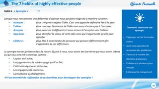 Efficacité Personnelle
60
The 7 habits of highly effective people
Habit 6 : « Synergize » 1/2
Lorsque nous rencontrons une différence d’opinion nous pouvons réagir de la manière suivante :
• Attaquer : Vous critiquez et rejetez l’idée. C’est une approche défensive liée à la peur.
• Tolérer : Vous concevez l’existence de l’idée mais vous n’arrivez pas à l’accepter.
• Accepter : Vous percevez la différente et vous arrivez à l’accepter sans l’altérer.
• Apprécier : Vous identifiez la valeur de cette idée ainsi que l’opportunité qu’elle peut
apporter
• Célébrer : Vous êtes à la recherche de personne qui pensent différemment afin
d’apprendre de ces différences.
La synergie est très présente dans la nature. Quand à nous, nous avons des barrières que nous avons créées
ou qui nous ont été transmises comme :
• La peur de l’autre,
• Les jugements et le stéréotypage que l’on fait,
• L’attitude négative et défensive,
• Les engagements non tenus,
• La résistance au changement.
 Il est essentiel de s’affranchir de ces barrières pour développer des synergies !
Comment construire une
synergie:
• S’appuyer sur les forces des
autres.
• Avoir une approche de
résolution des problèmes.
• S’exercer à rrendre des
décisions à plusieurs.
• Collaborer à plusieurs pour
innover.
• Embrasser le changement.
 
