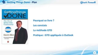 Efficacité Personnelle
65
Pourquoi ce livre ?
Les constats
La méthode GTD
Pratique : GTD appliquée à Outlook
Getting Things Done - Plan
 