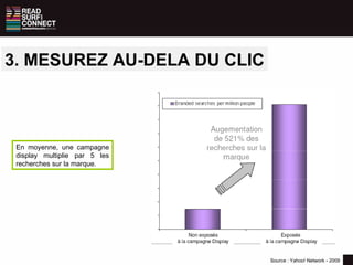 3. MESUREZ AU-DELA DU CLIC Source : Yahoo! Network - 2009 En moyenne, une campagne display multiplie par 5 les recherches sur la marque. 