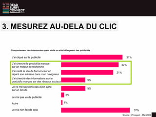 3. MESUREZ AU-DELA DU CLIC J'ai visité le site de l'annonceur en  tapant son adresse dans mon navigateur J'ai cherché des informations sur le  produit/la marque sur des réseaux sociaux Comportement des internautes ayant visité un site hébergeant des publicités 31% J'ai cliqué sur la publicité J'ai cherché le produit/la marque  sur un moteur de recherche Je n'ai pas vu de publicité Autre Je n'ai rien fait de cela 27% 21% 9% 2% 1% 37% Source : iProspect - Mai 2009 Je ne me souviens pas avoir surfé sur un tel site 9% 