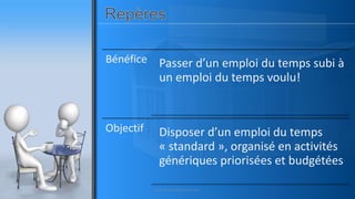 Bénéfice Passer d’un emploi du temps subi à
un emploi du temps voulu!
Objectif Disposer d’un emploi du temps
« standard », organisé en activités
génériques priorisées et budgétées
www.pascaltheryformations.com
 
