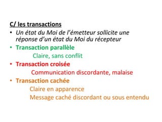 C/ les transactions Un état du Moi de l’émetteur sollicite une réponse d’un état du Moi du récepteur Transaction parallèle Claire, sans conflit Transaction croisée Communication discordante, malaise Transaction cachée Claire en apparence Message caché discordant ou sous entendu 