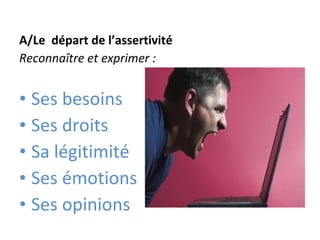 A/Le  départ de l’assertivité Reconnaître et exprimer : Ses besoins Ses droits Sa légitimité Ses émotions Ses opinions 