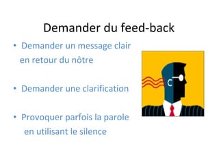 Demander du feed-back Demander un message clair en retour du nôtre Demander une clarification Provoquer parfois la parole  en utilisant le silence 