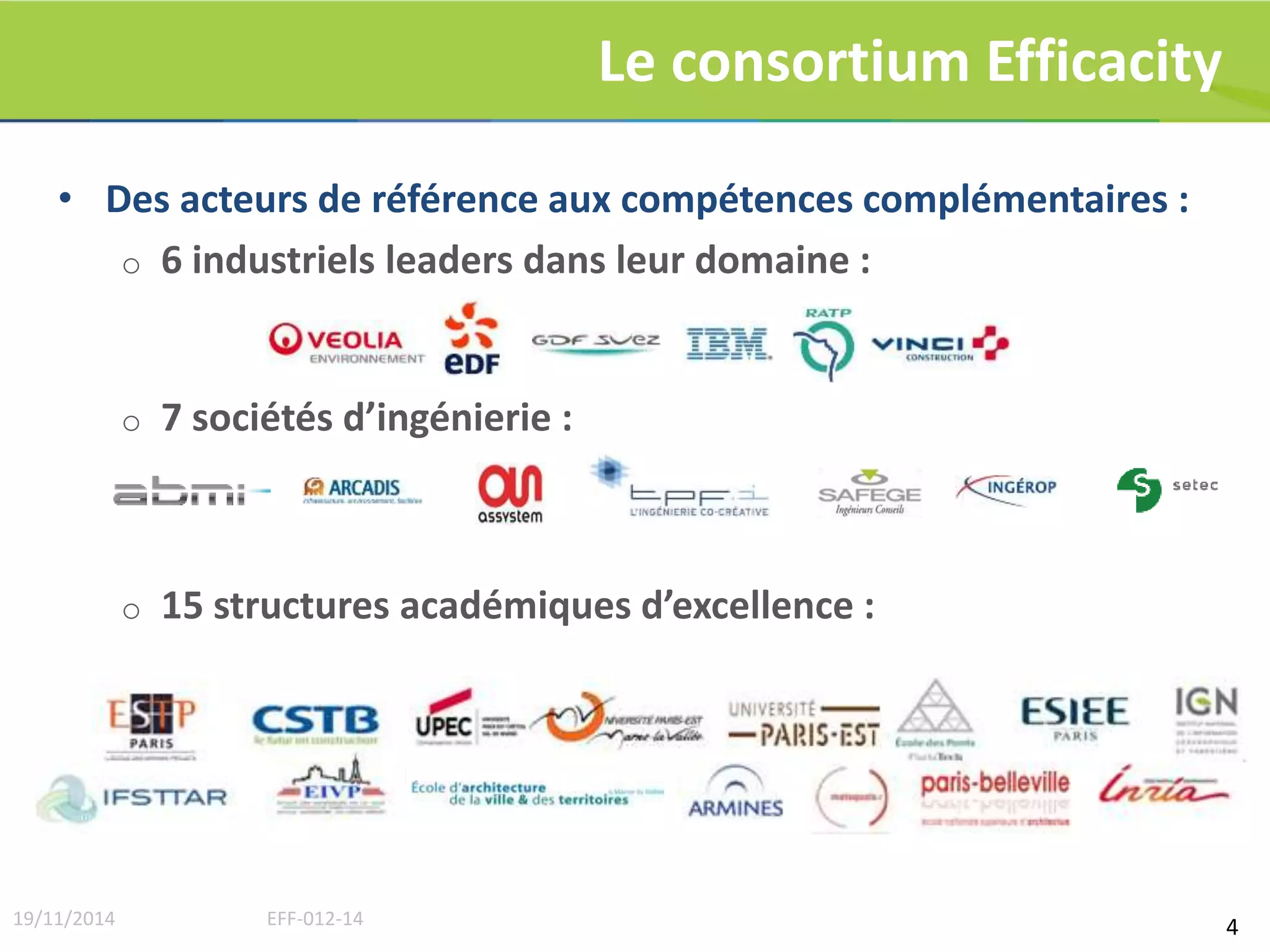Le consortium Efficacity 
4 
• Des acteurs de référence aux compétences complémentaires : 
o 6 industriels leaders dans leur domaine : 
o 7 sociétés d’ingénierie : 
o 15 structures académiques d’excellence : 
19/11/2014 EFF-012-14 
 