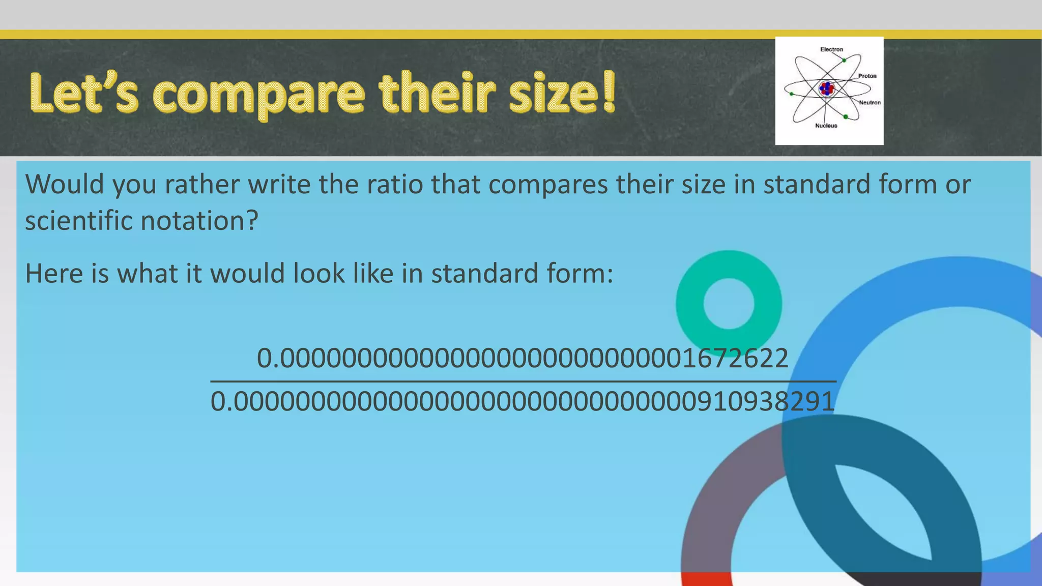 Would you rather write the ratio that compares their size in standard form or
scientific notation?
Here is what it would look like in standard form:
0.000000000000000000000000001672622
0.000000000000000000000000000000910938291
 