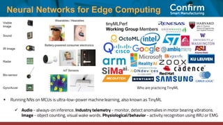 Neural Networks for Edge Computing
▪ Running NNs on MCUs is ultra-low-power machine learning, also known as TinyML
✓ Audio - always-on inference. Industry telemetry - monitor, detect anomalies in motor bearing vibrations.
Image - object counting, visual wake words. Physiological/behavior - activity recognition using IMU or EMG
Who are practicing TinyML
 