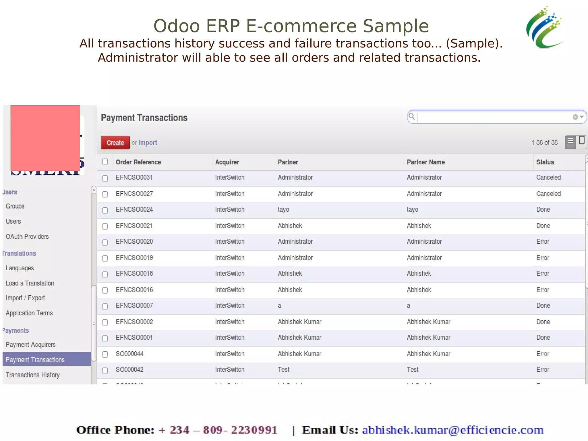 Odoo ERP E-commerce Sample
All transactions history success and failure transactions too... (Sample).
Administrator will able to see all orders and related transactions.
 