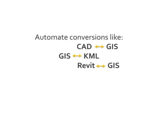 Automate conversions like:
CAD GIS
GIS KML
Revit GIS
 