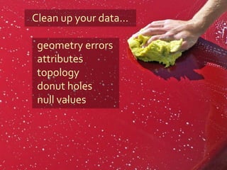Clean up your data…
geometry errors
attributes
topology
donut holes
null values
 