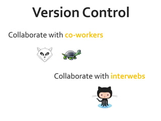 Version Control
Collaborate with co-workers
Collaborate with interwebs
 
