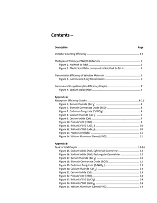 Contents –

 Description                                                                                                           Page

 Detector Counting Efficiency ......................................................................................... 3-4

 Photopeak Efficiency of NaI(Tl) Detectors .................................................................... 5
    Figure 1. NaI Peak to Total ........................................................................................ 5
    Figure 2. Plastic Scintillator compared to NaI, Peak to Total ............................ 5

 Transmission Efficiency of Window Materials ............................................................ 6
     Figure 3. Gamma and X-ray Transmission ............................................................ 6

 Gamma and X-ray Absorption Efficiency Graphs ........................................................ 7
    Figure 4. Sodium Iodide (NaI) .................................................................................. 7

 Appendix A
 Absorption Efficiency Graphs ....................................................................................... 8-11
    Figure 5. Barium Fluoride (BaF2 ) ............................................................................ 8
    Figure 6. Bismuth Germanate Oxide (BGO) ......................................................... 8
    Figure 7. Cadmium Tungstate (CdWO4 ) .............................................................. 8
    Figure 8. Calcium Fluoride (CaF2 ) .......................................................................... 9
    Figure 9. Cesium Iodide (CsI) ................................................................................... 9
    Figure 10. PreLude®420 (LYSO) .................................................................................. 9
    Figure 11. BrilLanCe®350 (LaCl3 ) .......................................................................... 10
    Figure 12. BrilLanCe®380 (LaBr3 ) ........................................................................... 10
    Figure 13. Plastic Scintillator .................................................................................. 11
    Figure 14. Yttrium Aluminum Garnet (YAG) ....................................................... 11

 Appendix B
 Peak to Total Graphs ..................................................................................................... 12-14
    Figure 15. Sodium Iodide (NaI), Cylindrical Geometries .................................. 12
    Figure 16. Sodium Iodide (NaI), Rectangular Geometries ............................... 12
    Figure 17. Barium Fluoride (BaF2 ) ........................................................................ 12
    Figure 18. Bismuth Germanate Oxide (BGO) ..................................................... 12
    Figure 19. Cadmium Tungstate (CdWO4 ) .......................................................... 13
    Figure 20. Calcium Fluoride (CaF2 ) ...................................................................... 13
    Figure 21. Cesium Iodide (CsI) ................................................................................ 13
    Figure 22. PreLude®420 (LYSO) ................................................................................ 14
    Figure 23. BrilLanCe®350 (LaCl3) .......................................................................... 14
    Figure 24. BrilLanCe®380 (LaBr3) .......................................................................... 14
    Figure 25. Yttrium Aluminum Garnet (YAG) ....................................................... 14
 