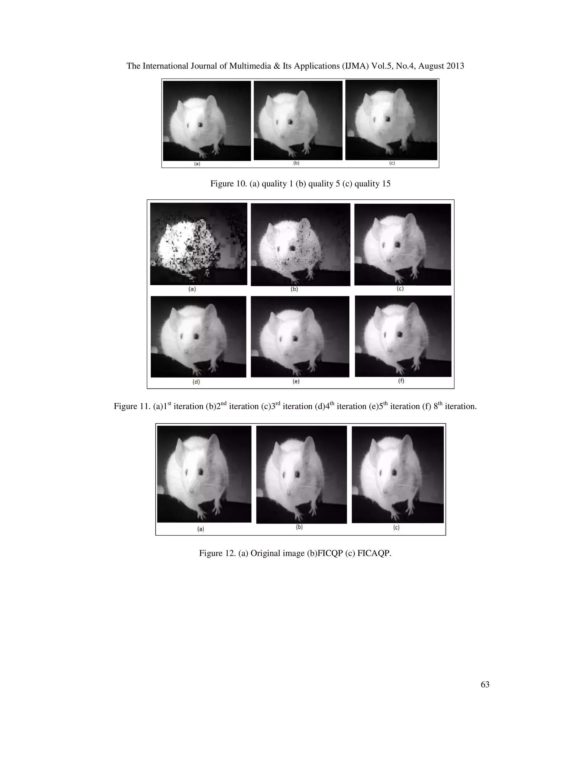 The International Journal of Multimedia & Its Applications (IJMA) Vol.5, No.4, August 2013
63
Figure 10. (a) quality 1 (b) quality 5 (c) quality 15
Figure 11. (a)1st
iteration (b)2nd
iteration (c)3rd
iteration (d)4th
iteration (e)5th
iteration (f) 8th
iteration.
Figure 12. (a) Original image (b)FICQP (c) FICAQP.
 