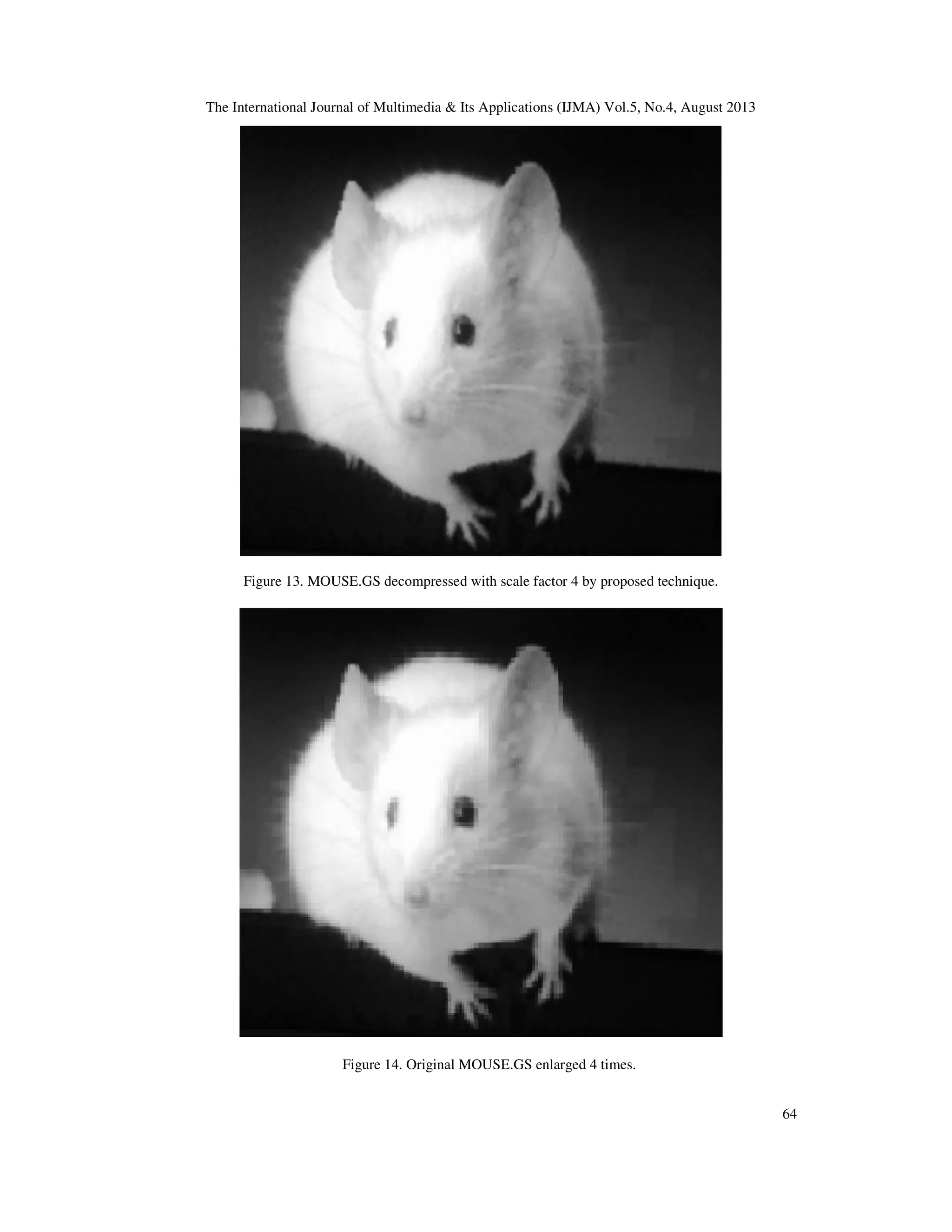 The International Journal of Multimedia & Its Applications (IJMA) Vol.5, No.4, August 2013
64
Figure 13. MOUSE.GS decompressed with scale factor 4 by proposed technique.
Figure 14. Original MOUSE.GS enlarged 4 times.
 