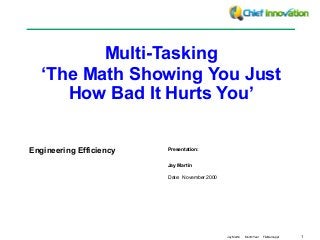1Jay Martin Month Year FileName.ppt
Date: November 2000
Presentation:
Jay Martin
Engineering Efficiency
Multi-Tasking
‘The Math Showing You Just
How Bad It Hurts You’
 