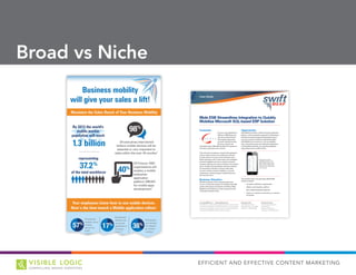 EFFICIENT AND EFFECTIVE CONTENT MARKETING
Broad vs Niche
Case Study
iEnterprises USA
991 US Highway 22 West
Bridgewater, New Jersey, 08807
Telephone: +1 908-679-0000
www.SwiftMEAP.com • sales@swiftmeap.com
Swift MEAP is a mobile enterprise application platform product created
by iEnterprises. Established in 1996, iEnterprises has proven expertise
developing, implementing, configuring and fine-tuning Swift MEAP for
many enterprise CRM, ERP and data-warehouse solutions.
iEnterprises Europe
Venture House, Arlington Sq
Downshire Way
Bracknell, RG12 1WA, UK
Telephone: +44 (0)333 700 4770
Opportunity
Swift MEAP provided a mobile enterprise application
platform, which is globally supported by iEnterprises,
that did not require extensive development time to
connect to Covenco’s ERP. By utilizing Mule ESB™,
Swift MEAP has connection to, and compatibility
with, many data sources and enterprise applications,
including Microsoft SQL, the underlying database
supporting Covenco’s ERP solution.
The benefits of this next-generation MEAP/ESB
solution included:
• Increased mobilization opportunities
• Widely used integration platform
• Fast, reliable & globally supported
• Cloud or on-premise connectivity on a network
connection
Customer
Covenco was established in
1989 as an IBM Broker and
has since evolved into the
UK’s largest independent
computer hardware broker.
They buy, sell and rent
refurbished Cisco, IBM, IBM Certified, HP equipment,
and other restored premium brands.
Their technical competency, coupled with aggressive
pricing, makes Covenco an excellent procurement
process resource. Covenco’s services team has in-
depth experience with a wide range of pre installation
and post installation services to support computer
hardware offerings. Pre-sales consultants can problem
solve, configure and help design computer solutions
for enterprises of all sizes. Covenco’s after sales
services, include computer installation, computer
maintenance, software support, Disaster Recovery
Services and more.
Business Situation
With 65 employees and an energetic sales team,
Covenco viewed the prospect of mobilizing their ERP
system with anytime connectivity via iPhone, iPads,
Blackberry and Tablets as a timely opportunity that
made good business sense.
Mule ESB Streamlines Integration to Quickly
Mobilize Microsoft SQL-based ERP Solution
Having all my leads
available anytime, even
when offline, helps me to
better communicate with
customers by responding
more quickly.
 