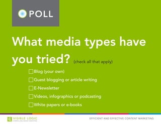 POLL
EFFICIENT AND EFFECTIVE CONTENT MARKETING
What media types have
you tried? (check all that apply)
FF Blog (your own)
FF Guest blogging or article writing
FF E-Newsletter
FF Videos, infographics or podcasting
FF White papers or e-books
 