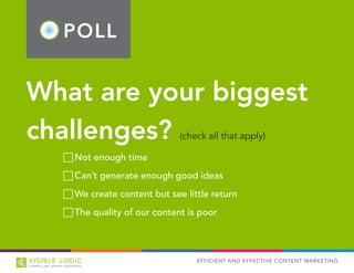 POLL
EFFICIENT AND EFFECTIVE CONTENT MARKETING
What are your biggest
challenges? (check all that apply)
FF Not enough time
FF Can’t generate enough good ideas
FF We create content but see little return
FF The quality of our content is poor
 