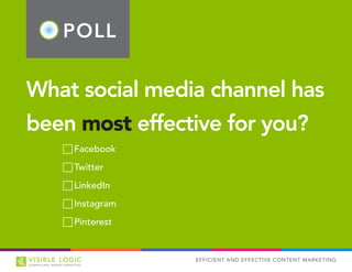 POLL
EFFICIENT AND EFFECTIVE CONTENT MARKETING
What social media channel has
been most effective for you?
FF Facebook
FF Twitter
FF LinkedIn
FF Instagram
FF Pinterest
 