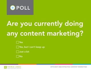 POLL
EFFICIENT AND EFFECTIVE CONTENT MARKETING
Are you currently doing
any content marketing?
FF Yes
FF Yes, but I can’t keep up
FF Just a bit
FF No
 