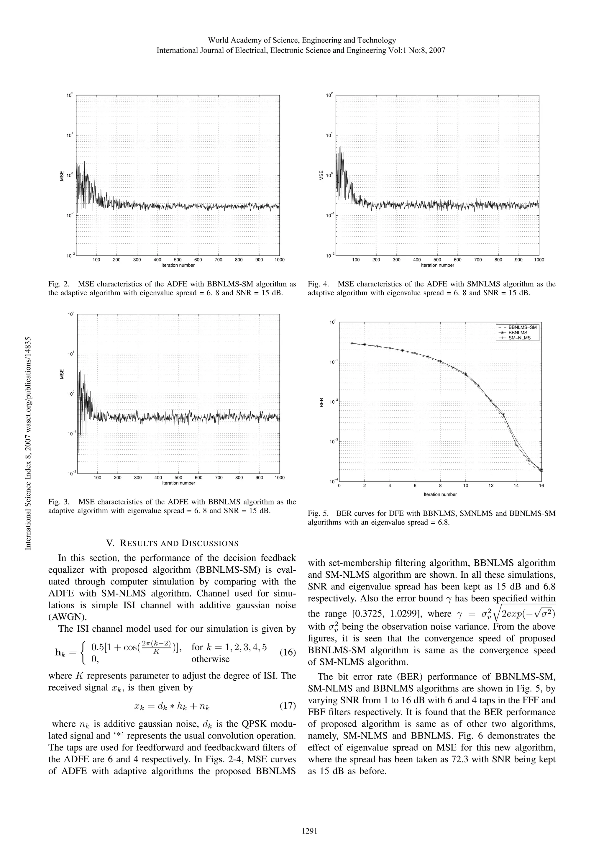 World Academy of Science, Engineering and Technology International Journal of Electrical, Electronic Science and Engineering Vol:1 No:8, 2007 2 2 10 10 1 1 10 MSE MSE 10 0 10 −1 −1 10 10 −2 10 0 10 −2 100 200 300 400 500 600 Iteration number 700 800 900 10 1000 Fig. 2. MSE characteristics of the ADFE with BBNLMS-SM algorithm as the adaptive algorithm with eigenvalue spread = 6. 8 and SNR = 15 dB. 100 200 300 400 500 600 Iteration number 700 800 900 1000 Fig. 4. MSE characteristics of the ADFE with SMNLMS algorithm as the adaptive algorithm with eigenvalue spread = 6. 8 and SNR = 15 dB. 2 10 0 BBNLMS−SM BBNLMS SM−NLMS 1 10 −1 10 MSE 0 10 BER International Science Index 8, 2007 waset.org/publications/14835 10 −2 10 −1 10 −3 10 −2 10 100 200 300 400 500 600 Iteration number 700 800 900 1000 −4 10 0 2 4 6 8 10 12 14 16 Iteration number Fig. 3. MSE characteristics of the ADFE with BBNLMS algorithm as the adaptive algorithm with eigenvalue spread = 6. 8 and SNR = 15 dB. Fig. 5. BER curves for DFE with BBNLMS, SMNLMS and BBNLMS-SM algorithms with an eigenvalue spread = 6.8. V. R ESULTS AND D ISCUSSIONS In this section, the performance of the decision feedback equalizer with proposed algorithm (BBNLMS-SM) is evaluated through computer simulation by comparing with the ADFE with SM-NLMS algorithm. Channel used for simulations is simple ISI channel with additive gaussian noise (AWGN). The ISI channel model used for our simulation is given by hk = 0.5[1 + cos( 2π(k−2) )], for k = 1, 2, 3, 4, 5 K 0, otherwise (16) where K represents parameter to adjust the degree of ISI. The received signal xk , is then given by xk = d k ∗ hk + n k (17) where nk is additive gaussian noise, dk is the QPSK modulated signal and ‘*’ represents the usual convolution operation. The taps are used for feedforward and feedbackward ﬁlters of the ADFE are 6 and 4 respectively. In Figs. 2-4, MSE curves of ADFE with adaptive algorithms the proposed BBNLMS with set-membership ﬁltering algorithm, BBNLMS algorithm and SM-NLMS algorithm are shown. In all these simulations, SNR and eigenvalue spread has been kept as 15 dB and 6.8 respectively. Also the error bound γ has been speciﬁed within √ 2 the range [0.3725, 1.0299], where γ = σv 2exp(− σ 2 ) 2 with σv being the observation noise variance. From the above ﬁgures, it is seen that the convergence speed of proposed BBNLMS-SM algorithm is same as the convergence speed of SM-NLMS algorithm. The bit error rate (BER) performance of BBNLMS-SM, SM-NLMS and BBNLMS algorithms are shown in Fig. 5, by varying SNR from 1 to 16 dB with 6 and 4 taps in the FFF and FBF ﬁlters respectively. It is found that the BER performance of proposed algorithm is same as of other two algorithms, namely, SM-NLMS and BBNLMS. Fig. 6 demonstrates the effect of eigenvalue spread on MSE for this new algorithm, where the spread has been taken as 72.3 with SNR being kept as 15 dB as before. 1291 