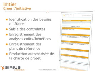 13
www.siriuslogiciels.com
Initier
Créer l’initiative
 Identification des besoins
d’affaires
 Saisie des contraintes
 Enregistrement des
analyses coûts/bénéfices
 Enregistrement des
plans de référence
 Production automatisée de
la charte de projet
 
