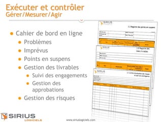 15
www.siriuslogiciels.com
Exécuter et contrôler
Gérer/Mesurer/Agir
 Cahier de bord en ligne
 Problèmes
 Imprévus
 Points en suspens
 Gestion des livrables
 Suivi des engagements
 Gestion des
approbations
 Gestion des risques
 