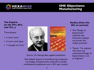 SME Objections:
                                                                 Manufacturing



The Experts                                                                  Reality (from the
(in the 50’s, 60’s,                                                           80’s to current)
and 70’s...)
                                                                             •   The “Design of
Three phases:                                                                    Experiments”
                                                                                 methods that
•   It won’t work                                                                Hexawise employs
•   It won’t work here                                                           are proven and
                                                                                 widely practiced
•   “I thought of it ﬁrst”
                                                                             •   Toyota: “An engineer
                                                                                 who does not
                                                                                 understand Design of
                             Source: Dr. George Box, applied statistician        Experiments is not
                          (Has helped dozens of manufacturing companies          an engineer.”
                           use Design of Experiments methods to handle
                         combinatorial explosions over a 30+ year career).
                                                   21
 
