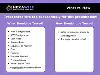 .
                                                                What vs. How

    Treat these two topics separately for this presentation:
                                                 .




                                             .
                                             .
                                             .
                                             .

                                                     .
                                                     .
                                                     .
                                                     .
                                                 .
      What Should be Tested?                     .   How Should it be Tested?
                                                 .
                                                 .
                                                 .
      •   H/W Conﬁgurations                      .    •   What combinations should be
                                                 .
      •   S/W Conﬁgurations                      .        tested together?
      •   User Types                             .
                                                 .    •   Test scripts in what order?
      •   Business Rules                         .
                                                 .
      •   Sequences of Pathways                  .
                                                 .
      •   Data                                   .
      •   Features                               .
                                                 .
      •   Products Selected                      .
                                                 .
      •   Primary Actions                        .
                                                 .
      •   What Level of Detail                   .
                                                 .
      ... or anything else that seems relevant   .

                                                 5
 