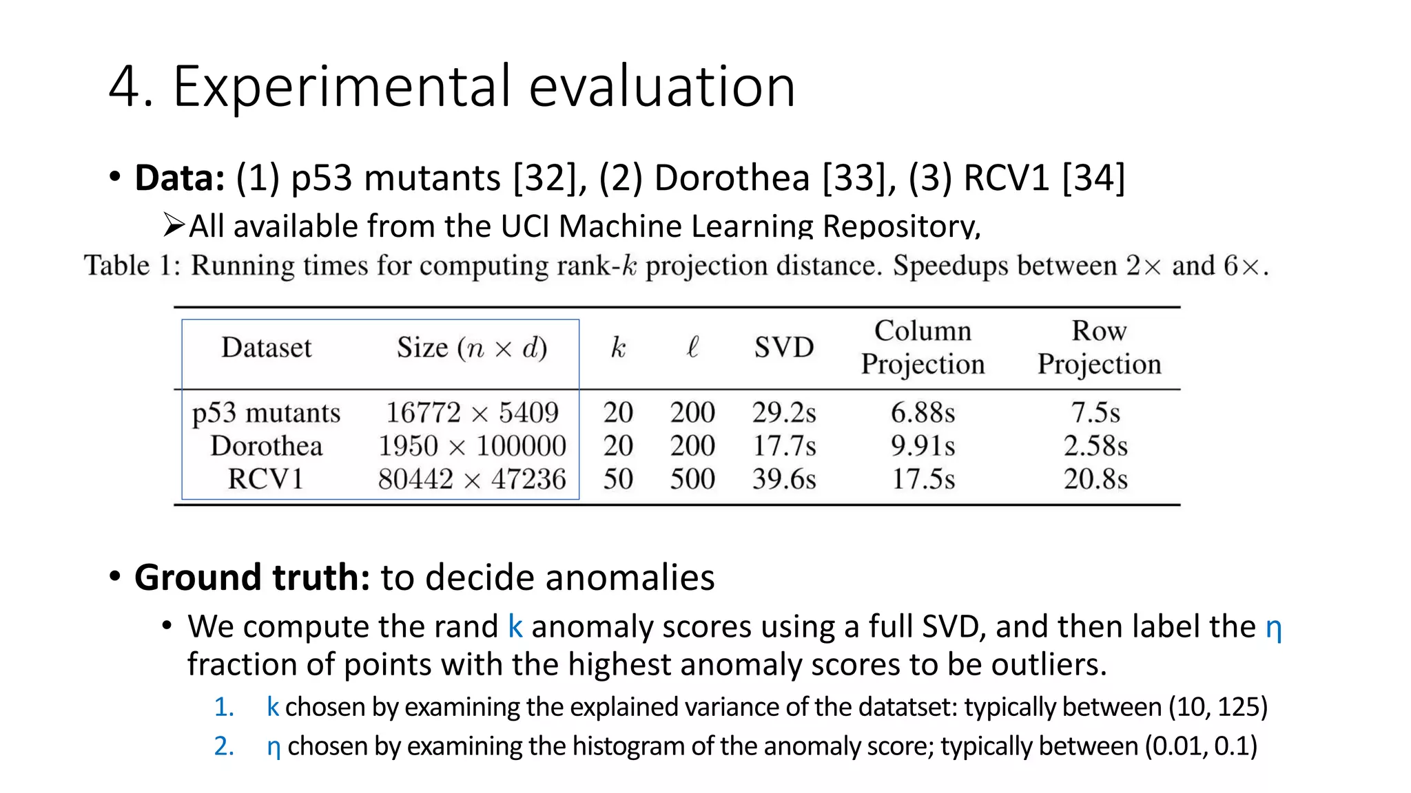 4. Experimental evaluation
• Data: (1) p53 mutants [32], (2) Dorothea [33], (3) RCV1 [34]
All available from the UCI Machine Learning Repository,
• Ground truth: to decide anomalies
• We compute the rand k anomaly scores using a full SVD, and then label the η
fraction of points with the highest anomaly scores to be outliers.
1. k chosen by examining the explained variance of the datatset: typically between (10, 125)
2. η chosen by examining the histogram of the anomaly score; typically between (0.01, 0.1)
 