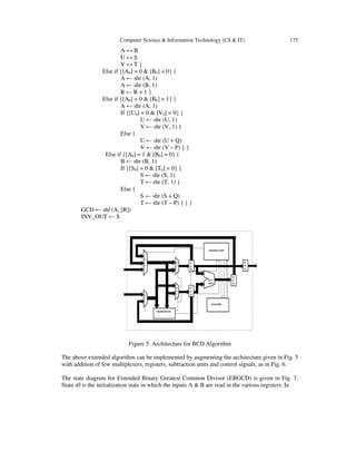 Computer Science & Information Technology (CS & IT) 175
A ↔ B
U ↔ S
V ↔ T }
Else if {[A0] = 0 & [B0] = 0} {
A ← shr (A, 1)
A ← shr (B, 1)
R ← R + 1 }
Else if {[A0] = 0 & [B0] = 1} {
A ← shr (A, 1)
If {[U0] = 0 & [V0] = 0} {
U ← shr (U, 1)
V ← shr (V, 1) }
Else {
U ← shr (U + Q)
V ← shr (V – P) } }
Else if {[A0] = 1 & [B0] = 0} {
B ← shr (B, 1)
If {[S0] = 0 & [T0] = 0} {
S ← shr (S, 1)
T ← shr (T, 1) }
Else {
S ← shr (S + Q)
T ← shr (T – P) } } }
GCD ← shl (A, [R])
INV_OUT ← S
Figure 5. Architecture for BCD Algorithm
The above extended algorithm can be implemented by augmenting the architecture given in Fig. 5
with addition of few multiplexers, registers, subtraction units and control signals, as in Fig. 6.
The state diagram for Extended Binary Greatest Common Divisor (EBGCD) is given in Fig. 7.
State s0 is the initialization state in which the inputs A & B are read in the various registers. In
 
