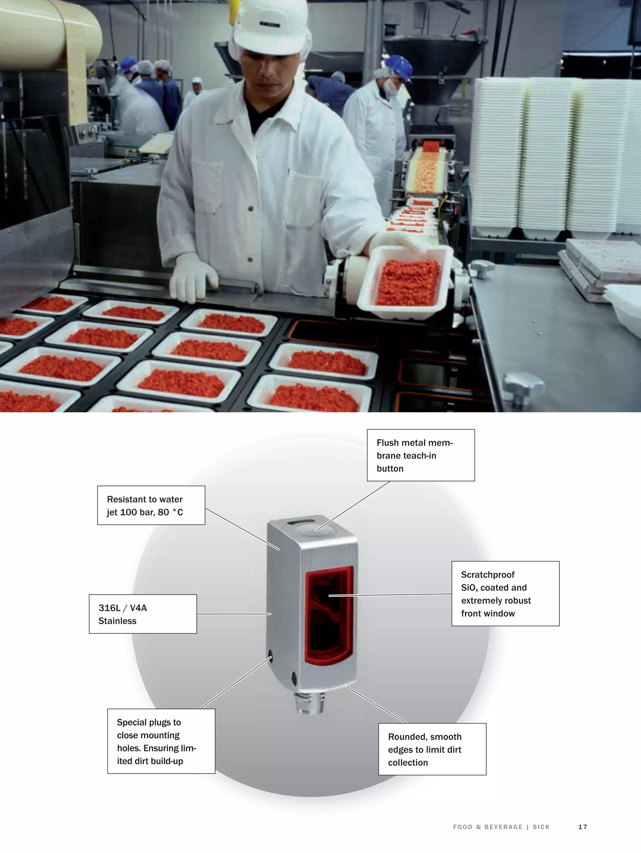 Flush metal membrane teach-in
button
Resistant to water
jet 100 bar, 80 °C

316L / V4A
Stainless

Special plugs to
close mounting
holes. Ensuring limited dirt build-up

Scratchproof
SiOx coated and
extremely robust
front window

Rounded, smooth
edges to limit dirt
collection

FOOD & BEVERAGE | SICK

17

 