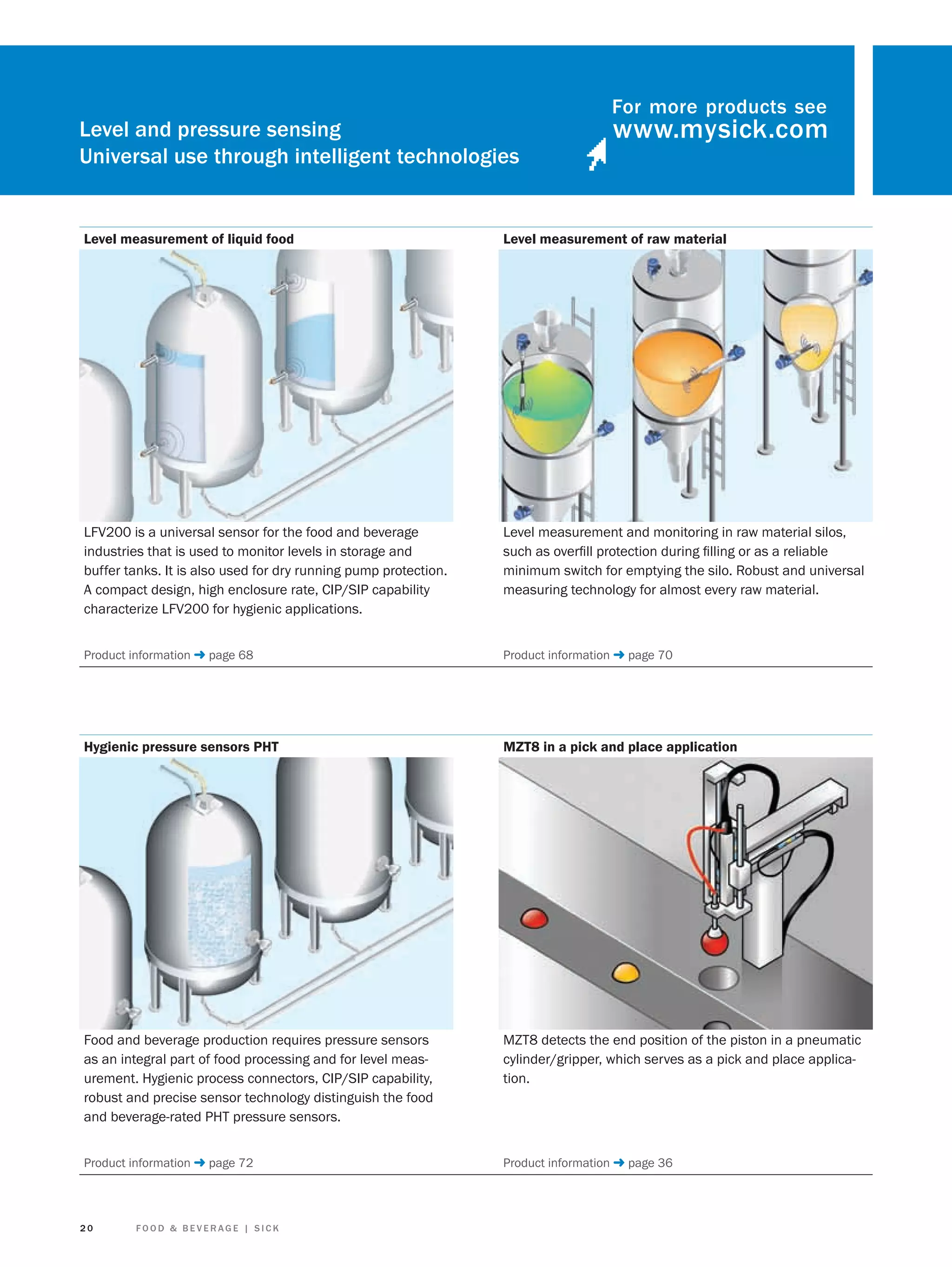 Level and pressure sensing
Universal use through intelligent technologies

For more products see

Level measurement of liquid food

Level measurement of raw material

LFV200 is a universal sensor for the food and beverage
industries that is used to monitor levels in storage and
buffer tanks. It is also used for dry running pump protection.
A compact design, high enclosure rate, CIP/SIP capability
characterize LFV200 for hygienic applications.

Level measurement and monitoring in raw material silos,
such as overﬁll protection during ﬁlling or as a reliable
minimum switch for emptying the silo. Robust and universal
measuring technology for almost every raw material.

Product information ➜ page 68

Product information ➜ page 70

Hygienic pressure sensors PHT

MZT8 in a pick and place application

Food and beverage production requires pressure sensors
as an integral part of food processing and for level measurement. Hygienic process connectors, CIP/SIP capability,
robust and precise sensor technology distinguish the food
and beverage-rated PHT pressure sensors.

MZT8 detects the end position of the piston in a pneumatic
cylinder/gripper, which serves as a pick and place application.

Product information ➜ page 72

Product information ➜ page 36

20

FOOD & BEVERAGE | SICK

 