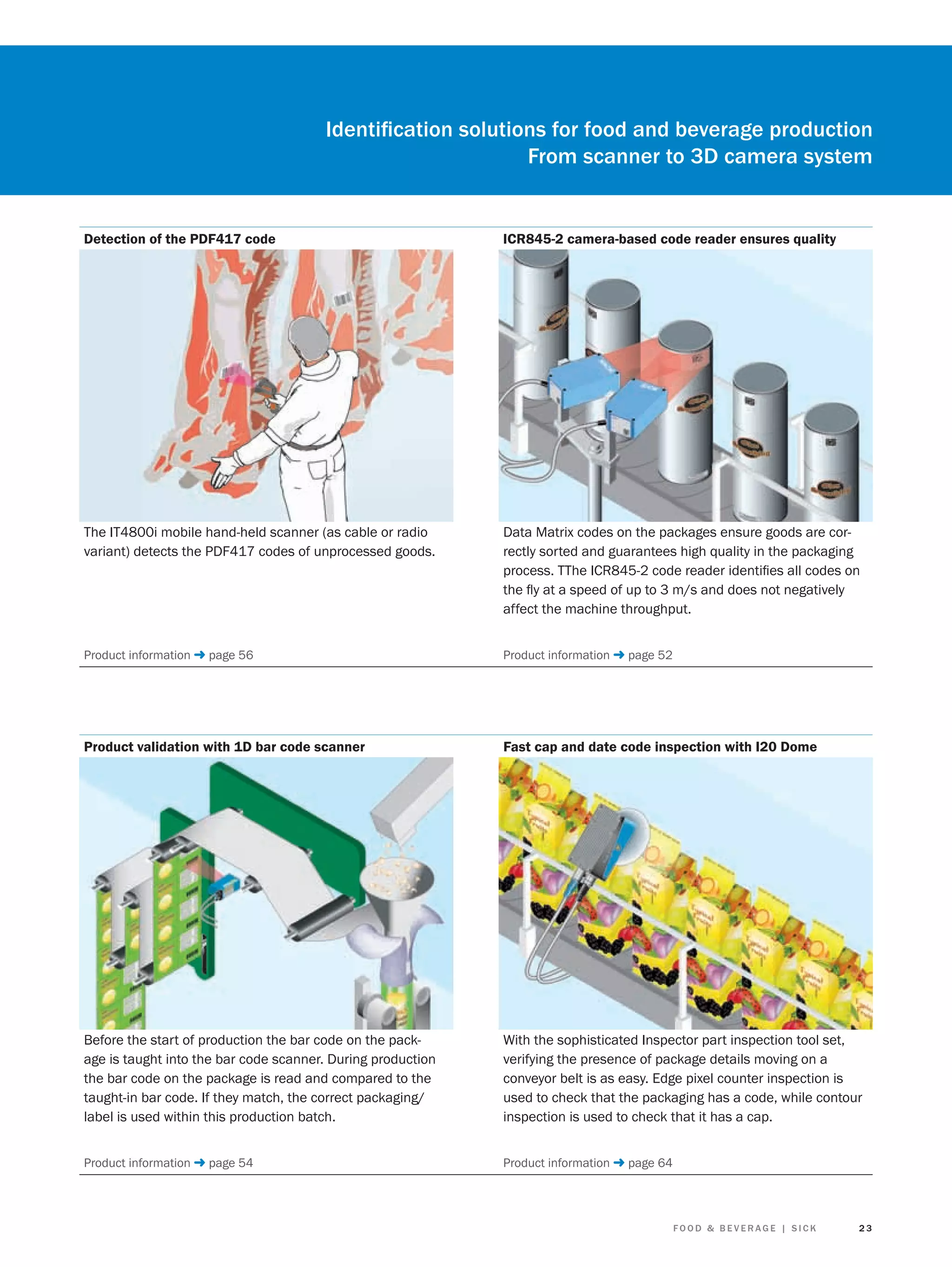 Identiﬁcation solutions for food and beverage production
From scanner to 3D camera system

Detection of the PDF417 code

ICR845-2 camera-based code reader ensures quality

The IT4800i mobile hand-held scanner (as cable or radio
variant) detects the PDF417 codes of unprocessed goods.

Data Matrix codes on the packages ensure goods are correctly sorted and guarantees high quality in the packaging
process. TThe ICR845-2 code reader identiﬁes all codes on
the ﬂy at a speed of up to 3 m/s and does not negatively
affect the machine throughput.

Product information ➜ page 56

Product information ➜ page 52

Product validation with 1D bar code scanner

Fast cap and date code inspection with I20 Dome

Before the start of production the bar code on the package is taught into the bar code scanner. During production
the bar code on the package is read and compared to the
taught-in bar code. If they match, the correct packaging/
label is used within this production batch.

With the sophisticated Inspector part inspection tool set,
verifying the presence of package details moving on a
conveyor belt is as easy. Edge pixel counter inspection is
used to check that the packaging has a code, while contour
inspection is used to check that it has a cap.

Product information ➜ page 54

Product information ➜ page 64

FOOD & BEVERAGE | SICK

23

 