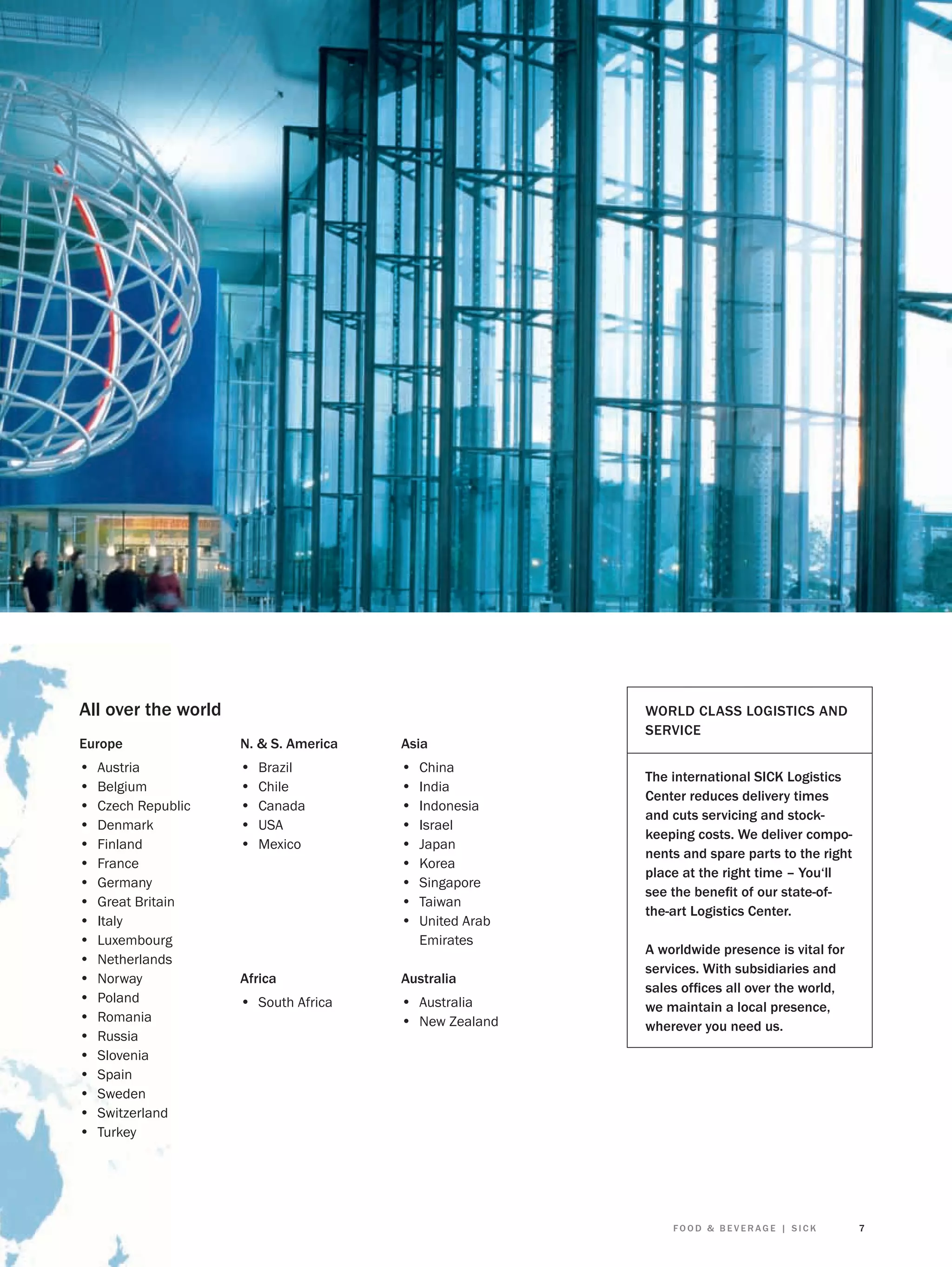 All over the world
Europe

N. & S. America

Asia

•
•
•
•
•
•
•
•
•
•
•
•
•
•
•
•
•
•
•
•

•
•
•
•
•

•
•
•
•
•
•
•
•
•

Austria
Belgium
Czech Republic
Denmark
Finland
France
Germany
Great Britain
Italy
Luxembourg
Netherlands
Norway
Poland
Romania
Russia
Slovenia
Spain
Sweden
Switzerland
Turkey

Brazil
Chile
Canada
USA
Mexico

China
India
Indonesia
Israel
Japan
Korea
Singapore
Taiwan
United Arab
Emirates

Africa

Australia

• South Africa

• Australia
• New Zealand

WORLD CLASS LOGISTICS AND
SERVICE
The international SICK Logistics
Center reduces delivery times
and cuts servicing and stockkeeping costs. We deliver components and spare parts to the right
place at the right time – You‘ll
see the beneﬁt of our state-ofthe-art Logistics Center.
A worldwide presence is vital for
services. With subsidiaries and
sales ofﬁces all over the world,
we maintain a local presence,
wherever you need us.

FOOD & BEVERAGE | SICK

7

 