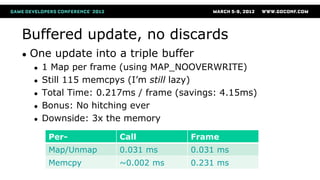 Buffered update, no discards
● One update into a triple buffer
● 1 Map per frame (using MAP_NOOVERWRITE)
● Still 115 memcpys (I’m still lazy)
● Total Time: 0.217ms / frame (savings: 4.15ms)
● Bonus: No hitching ever
● Downside: 3x the memory
Per- Call Frame
Map/Unmap 0.031 ms 0.031 ms
Memcpy ~0.002 ms 0.231 ms
 