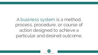 A business system is a method,
process, procedure, or course of
action designed to achieve a
particular and desired outcom...