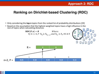 13
Approach 2: RDC
Ranking on Dirichlet-based Clustering (RDC)
•  Only	considering	the	top	n	topics	from	the	ranked	list	of	probability	distribu7ons	[29]	
•  Based	on	the	assump7on	that	the	highest	weighted	topics	have	a	high	inﬂuence	in	the	
rest	of	topics	when	calcula7ng	distances		
	
	
	
	
		
0.23	 0.18	 0.33	 0.13	 	0.13	n=2,	P	=		
2	 0	R	=		
1	0	 2	 3	 4	
 