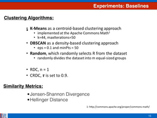 16
Experiments: Baselines
•  		
1:	h%p://commons.apache.org/proper/commons-math/		
	
Similarity Metrics:
•Jensen-Shannon Divergence
•Hellinger Distance
Clustering Algorithms:
 